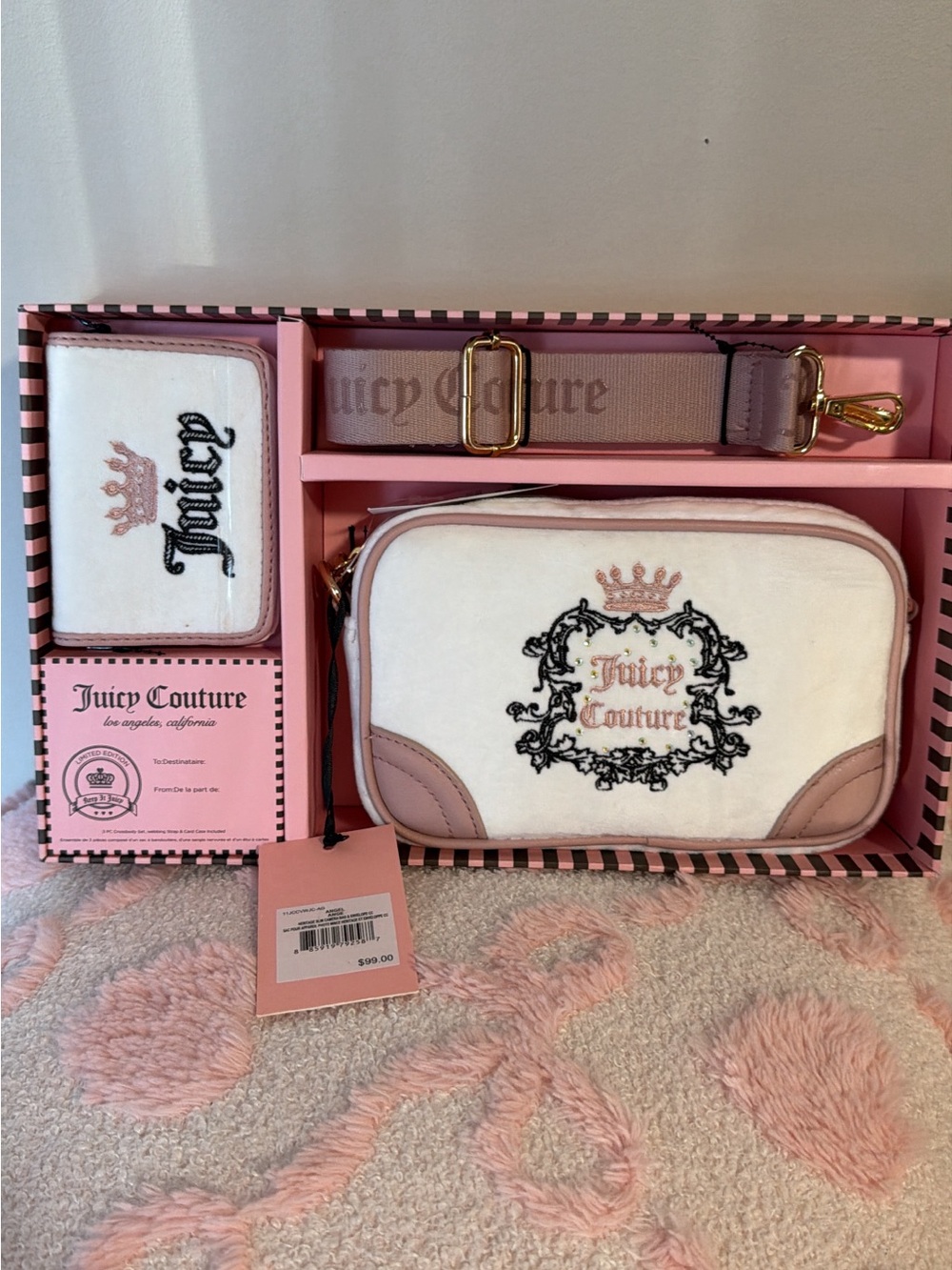 Juicy Couture White and Pink Logo Camera Crossbody Set with Gold Hardware